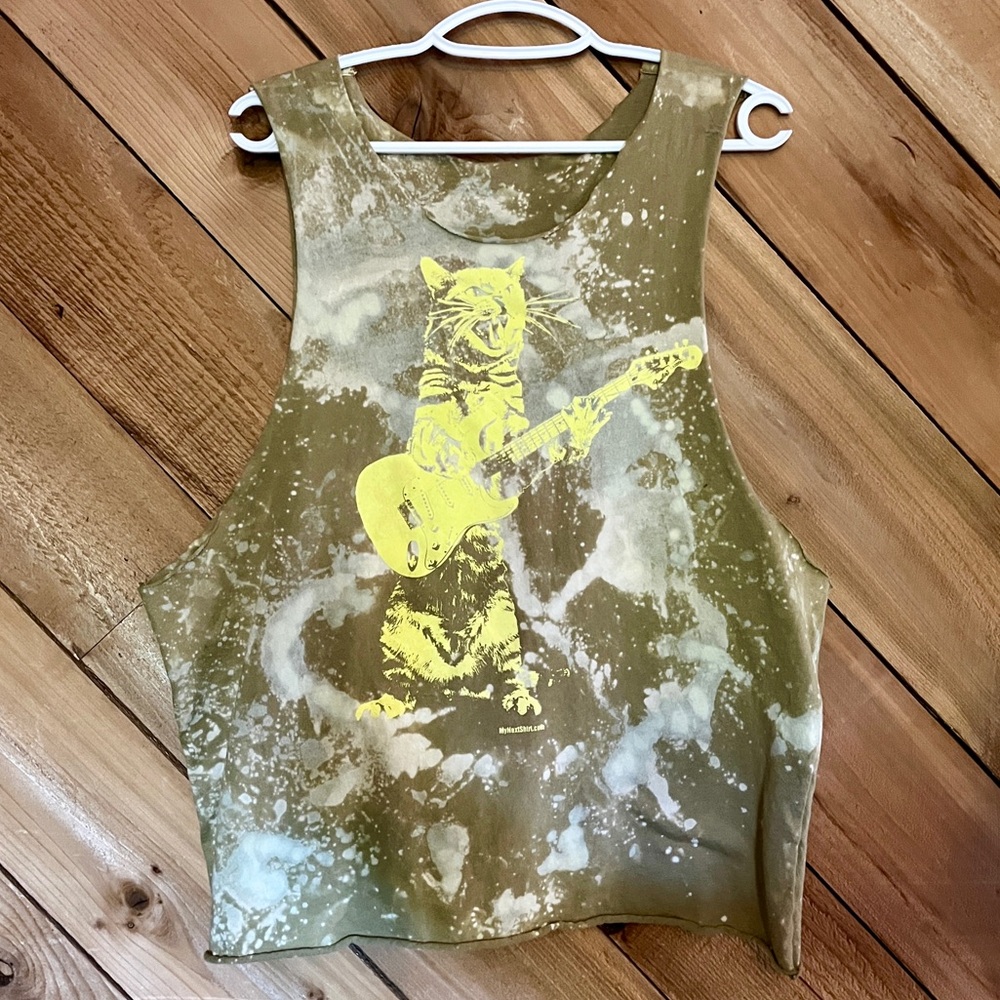 Custom Bleach & Splattered Cropped Muscle Tee, Cat w/ Guitar